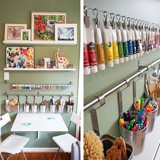 Curtain rail on the wall with hooks for kids room