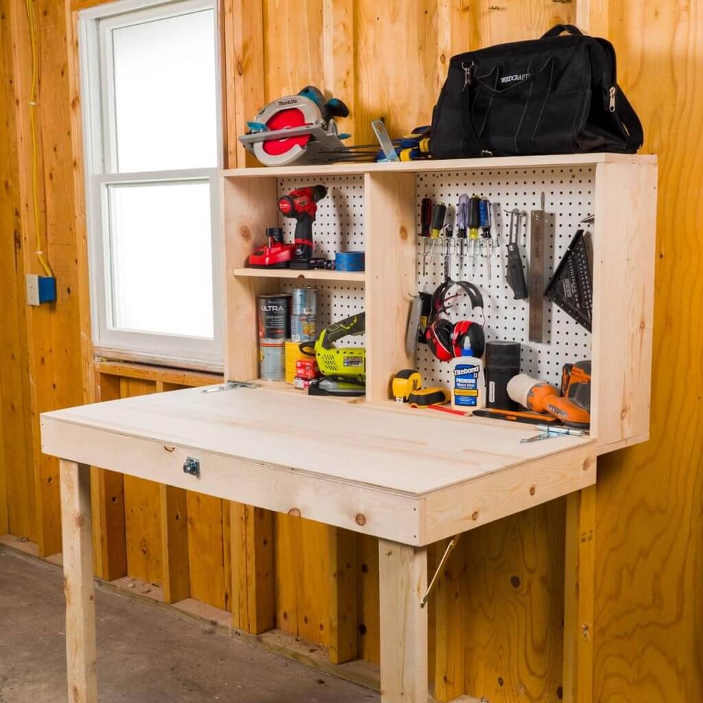 Fold down bench including room for tools
