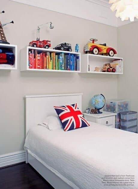 Kids Room Organization Above bed shelves