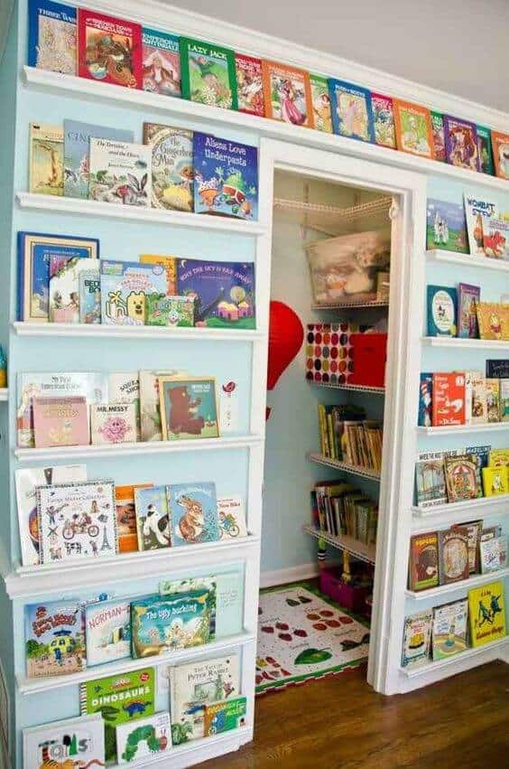 Kids Room Organization Full wall shelves
