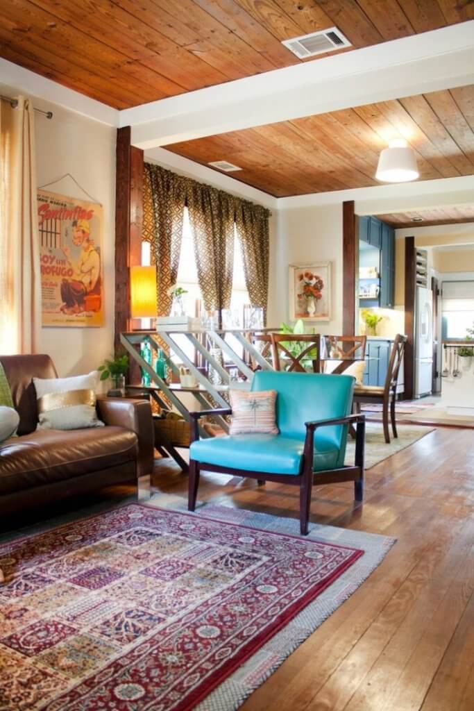 wooden bohemian living room
